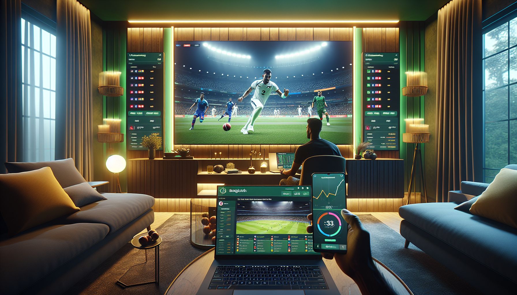 Player in Bangladesh using phone and laptop for live betting while watching cricket and football coverage at home