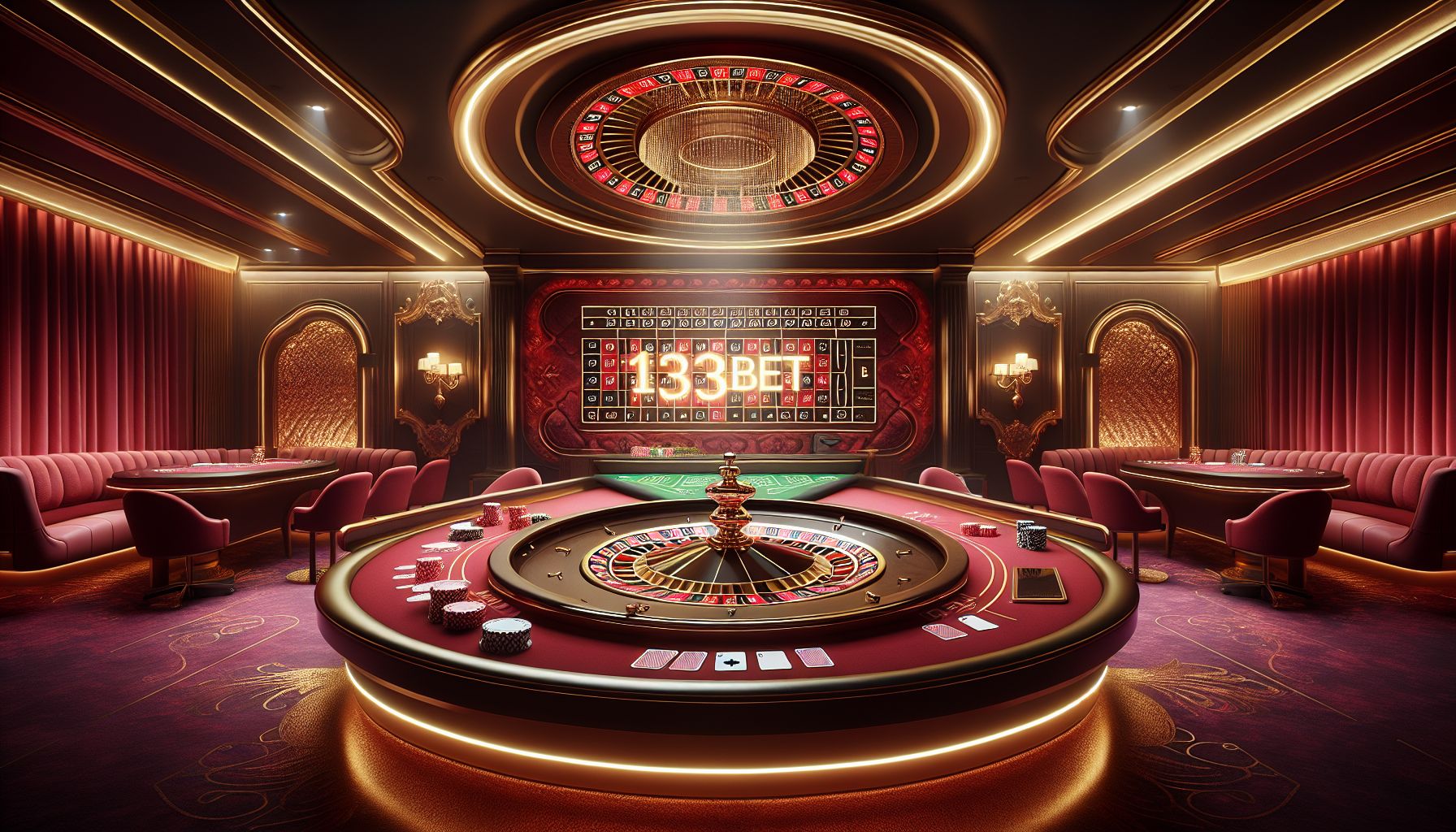 Elegant live casino room with cards, roulette wheel, and premium studio lighting