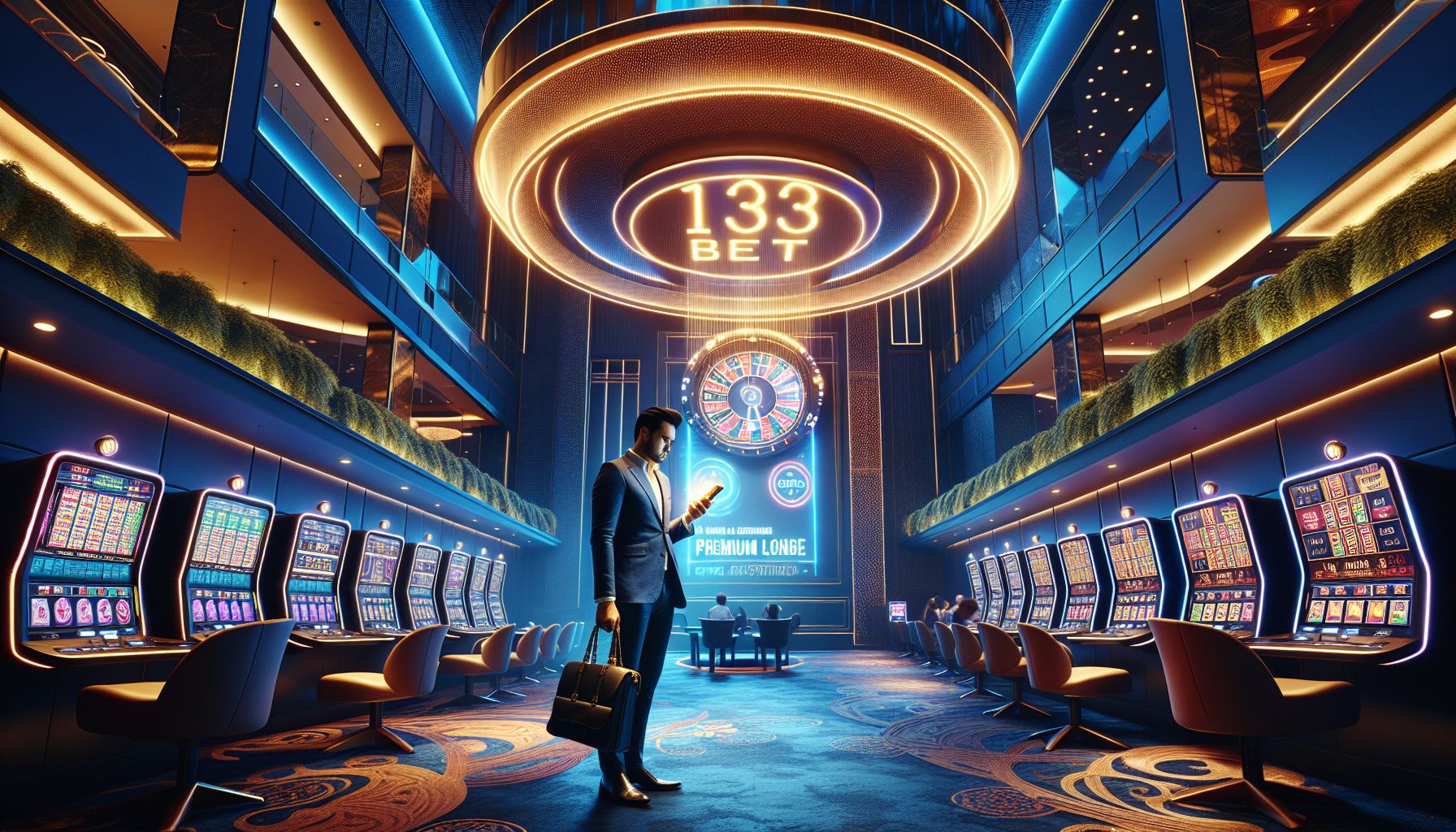 Young Bangladeshi player enjoying vivid slot reels on a mobile screen inside a stylish 1333bet gaming setting
