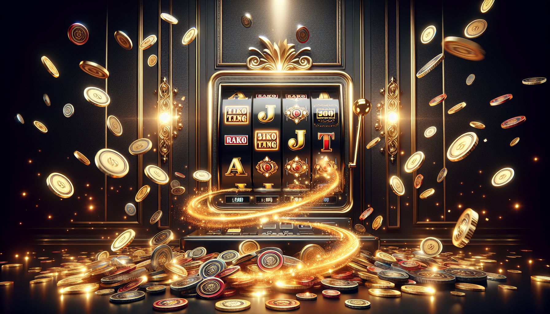 Luxury slot reel with glowing symbols and coins bursting forward in a dramatic casino-inspired scene